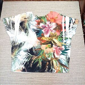 J Mode sz L LUPIN FLOWER PRINT Womens SHORT SLEEVE POLYESTER T SHIRT BLOU